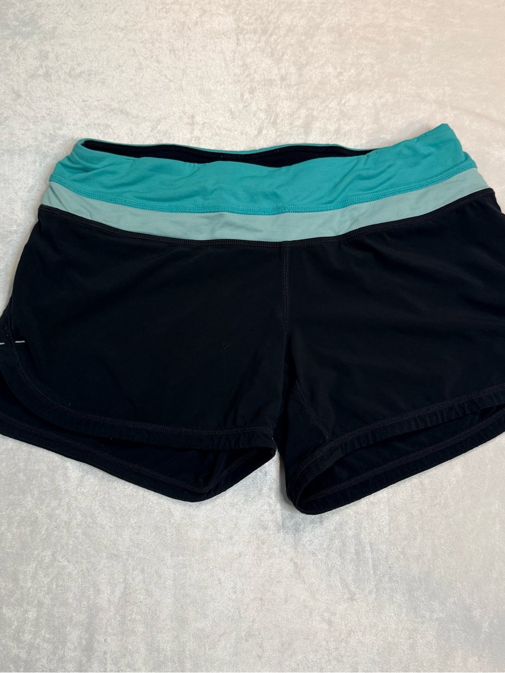 Lululemon Black Turbo Run Shorts, Bright Teal and Light Blue Stripe Waistband